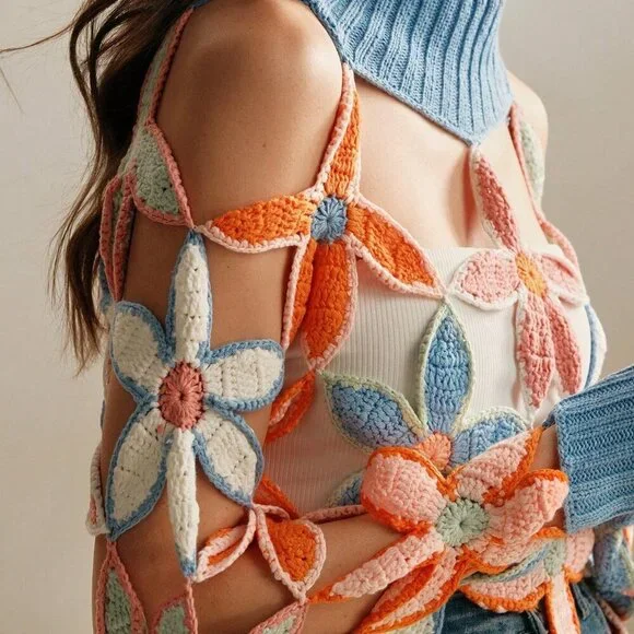 Blue Casual Women's Floral Pattern Sheer Long Sleeve Loose Sweater - Picture 2 of 7